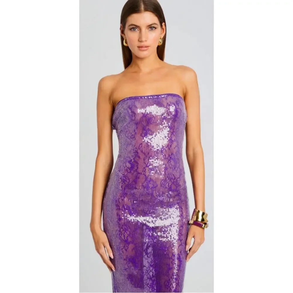 RETROFETE Lucia Sequin Strapless Bodycon Lace Sheer Purple Maxi Dress Size XXS - Picture 3 of 12